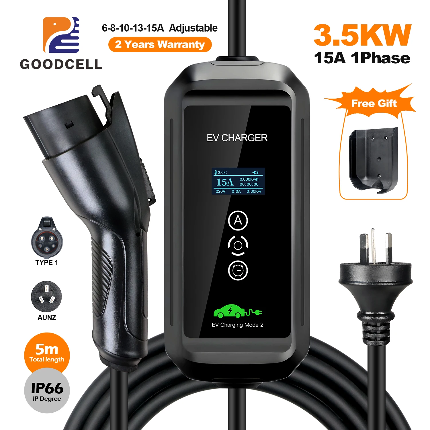 GOODCELL Typ 1 6/8/10/13/15 A einstellbar 3,5 kW AU NZ Stecker EV Ladegerät EVSE Auto Home Lade tragbare Verwendung für Ladestecker IP 66 Image