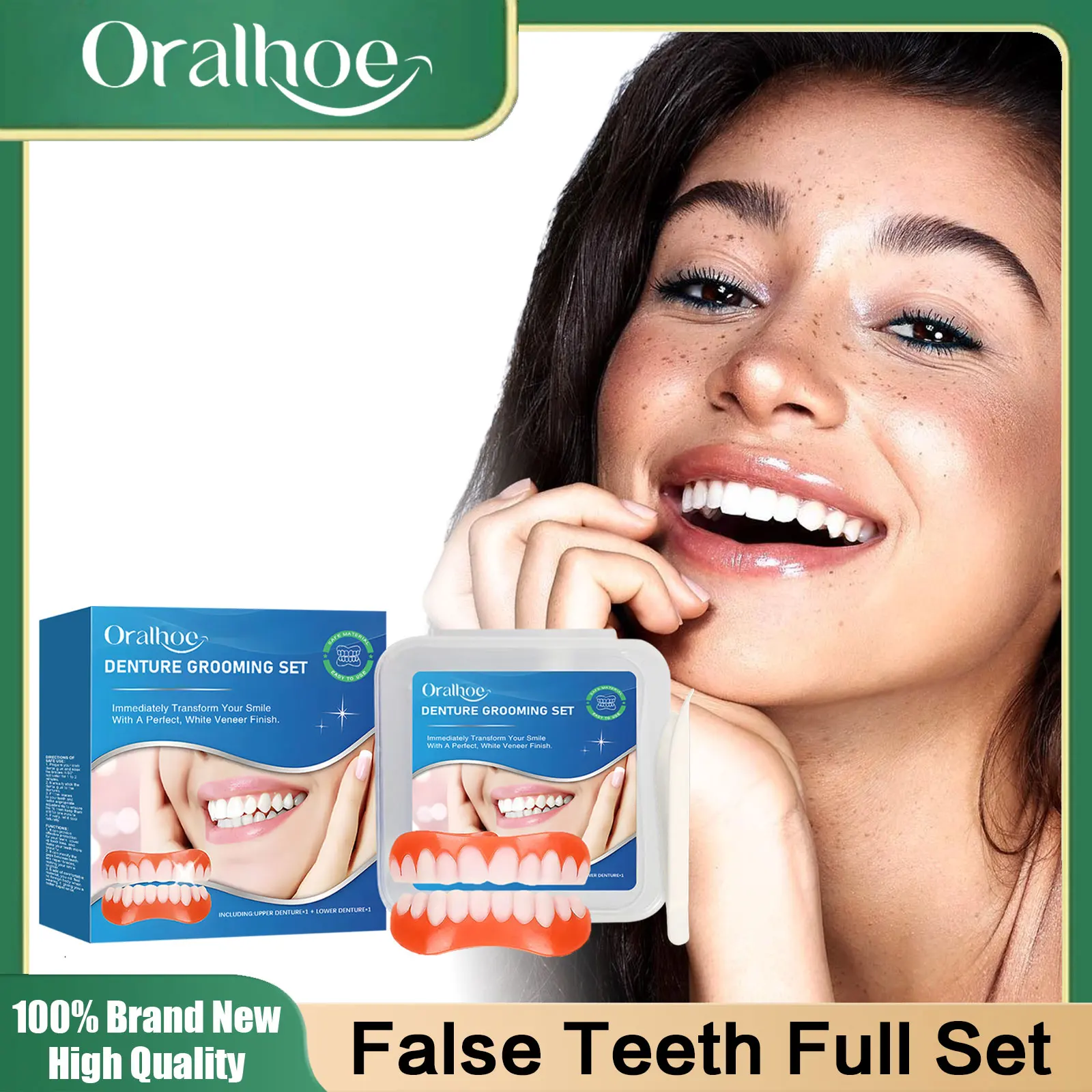 Silikon-Prothesenset für die oberen und unteren falschen Zähne, das Zahnfleisch passt, weich, bequem, Frostschutz, fehlendes, gebrochenes, temporäres Zahnreparaturset Image