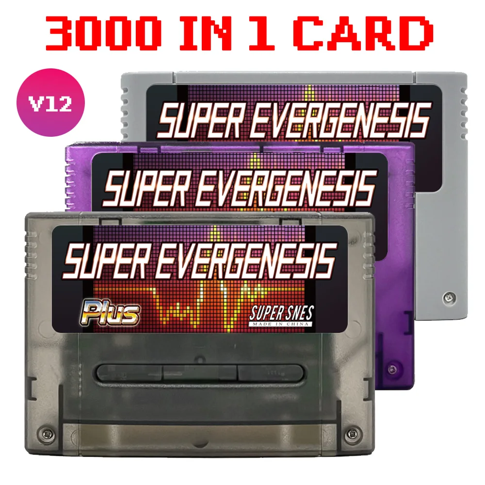Carte de jeu Super EVERGENESIS SNES SFC V12 3000 en 1 avec carte TF 8G pour Console de jeu vidéo Super Famicom 16 bits JPN/EU/USD