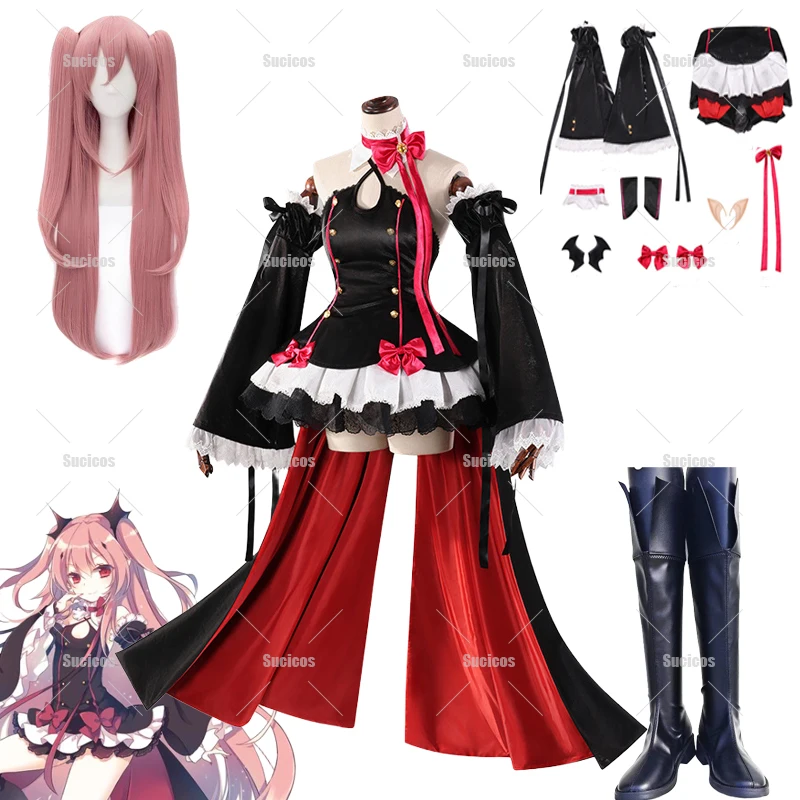 Anime Seraph of The Ennd Krul Tepes Cosplay Kostüm Perücke Vampir Schwarz Rot Lolita Kleid Frau Mädchen Halloween Rollenspiel Schuhe