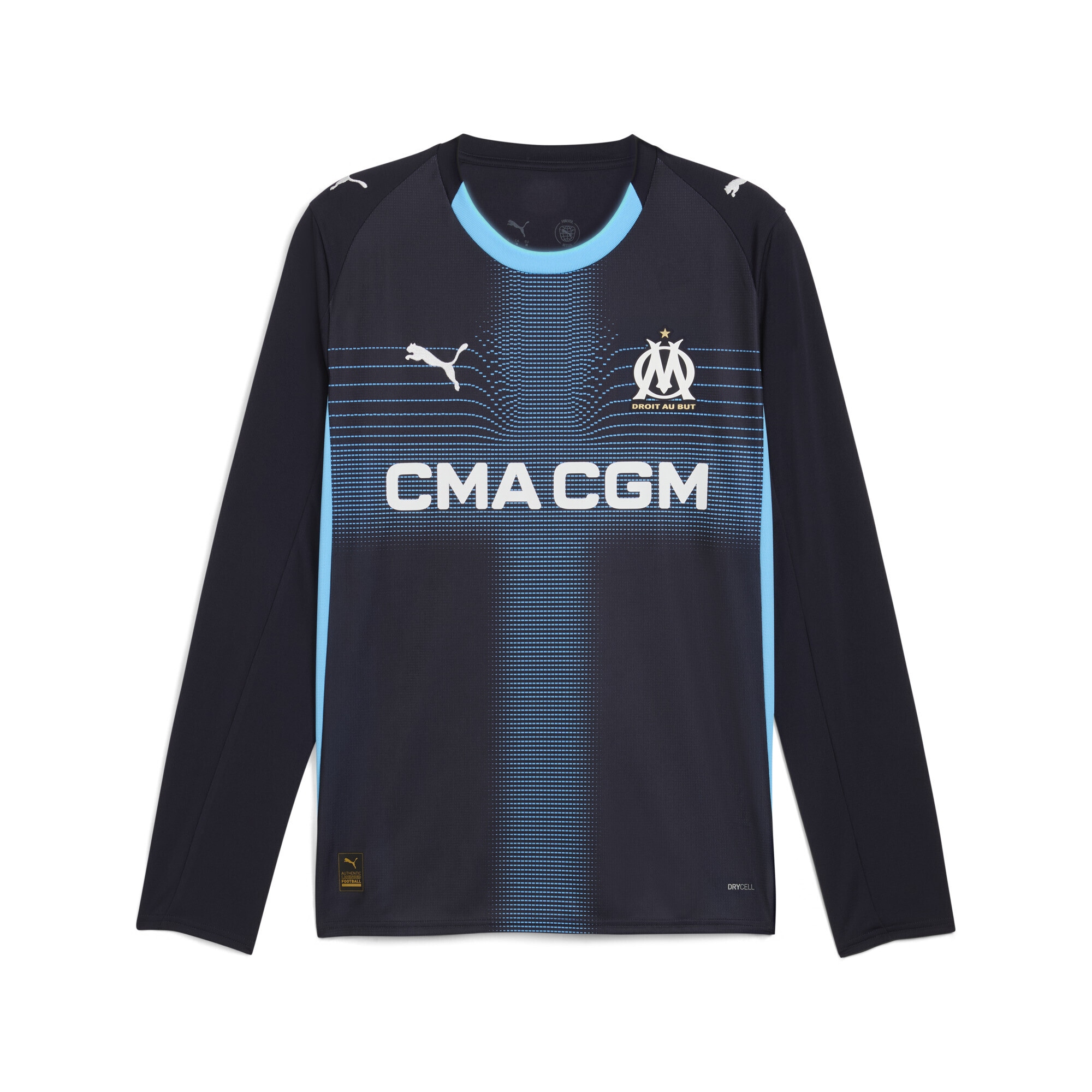 Trainingsshirt PUMA "Olympique de Marseille 25/26 Langarm-Auswärtstrikot Herren", Herren, Gr. XL, new navy luminous blau, Obermaterial: 100% Polyester; Rippe: 100% Polyester, regular fit, Rundhals, Shirts