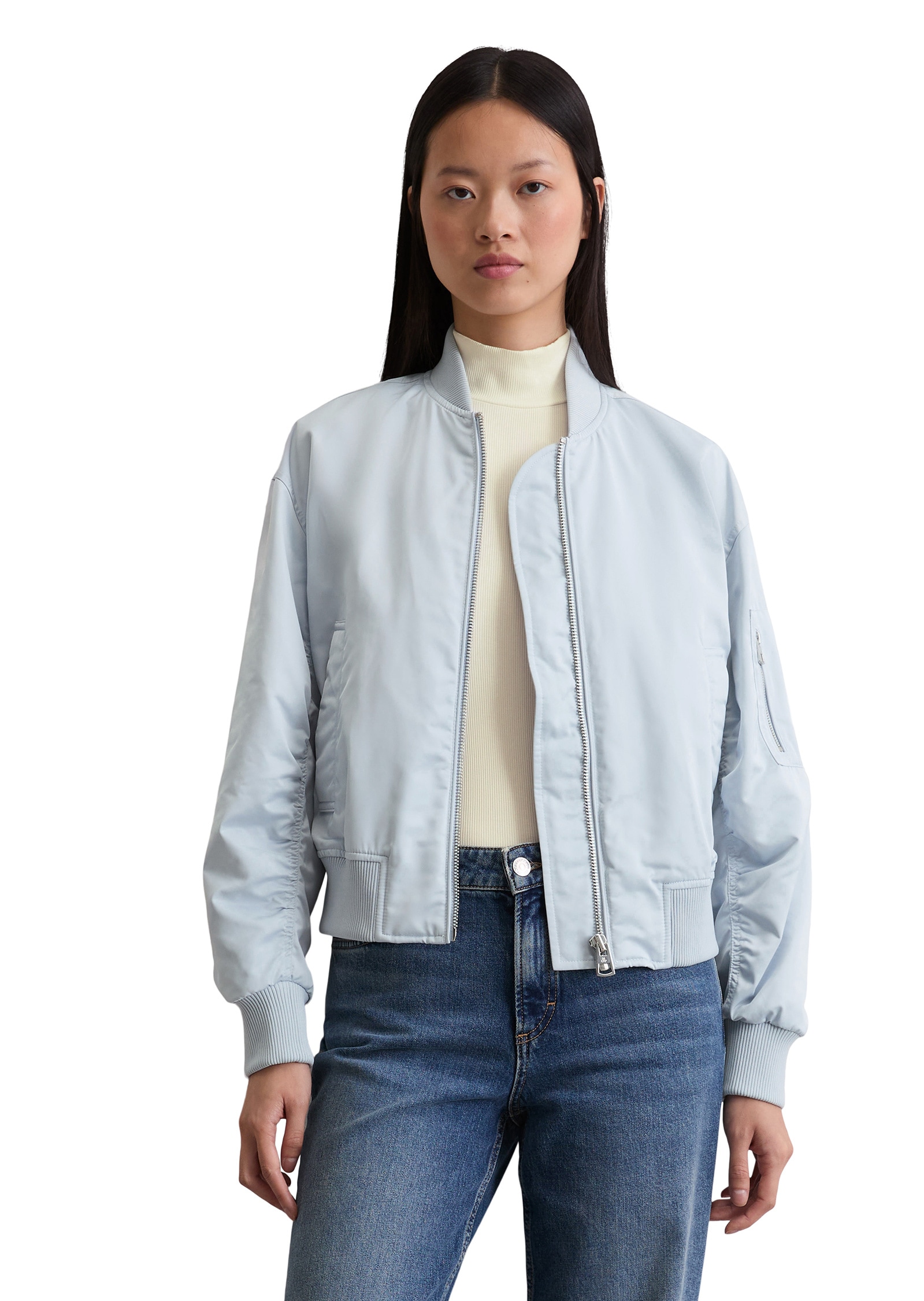 Outdoorjacke MARC O'POLO "aus recyceltem Shiny-Polyester-Twill", Damen, Gr. 32, blau (calm blau), Obermaterial: 100% Polyester; Füllung: 100% Nicht verfügbar; Futter: 100% Polyamid, unifarben, regular fit, Strickbündchen, Jacken Outdoorjacke