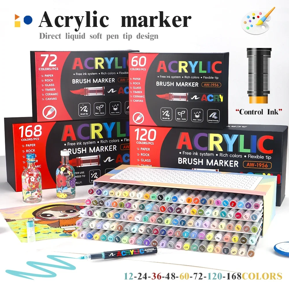 12-168 couleurs stylo de peinture acrylique marqueur brosse pointe marqueur de peinture pour peinture sur roche bois toile pierre cadeau de noël bricolage artisanat
