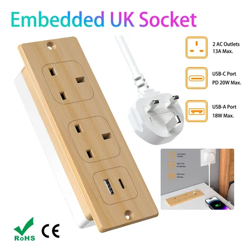Prise de courant intégrée de bureau britannique, multiprise intégrée avec USB et Type c PD20W, charge rapide, rallonge de 2m pour bureau et cuisine