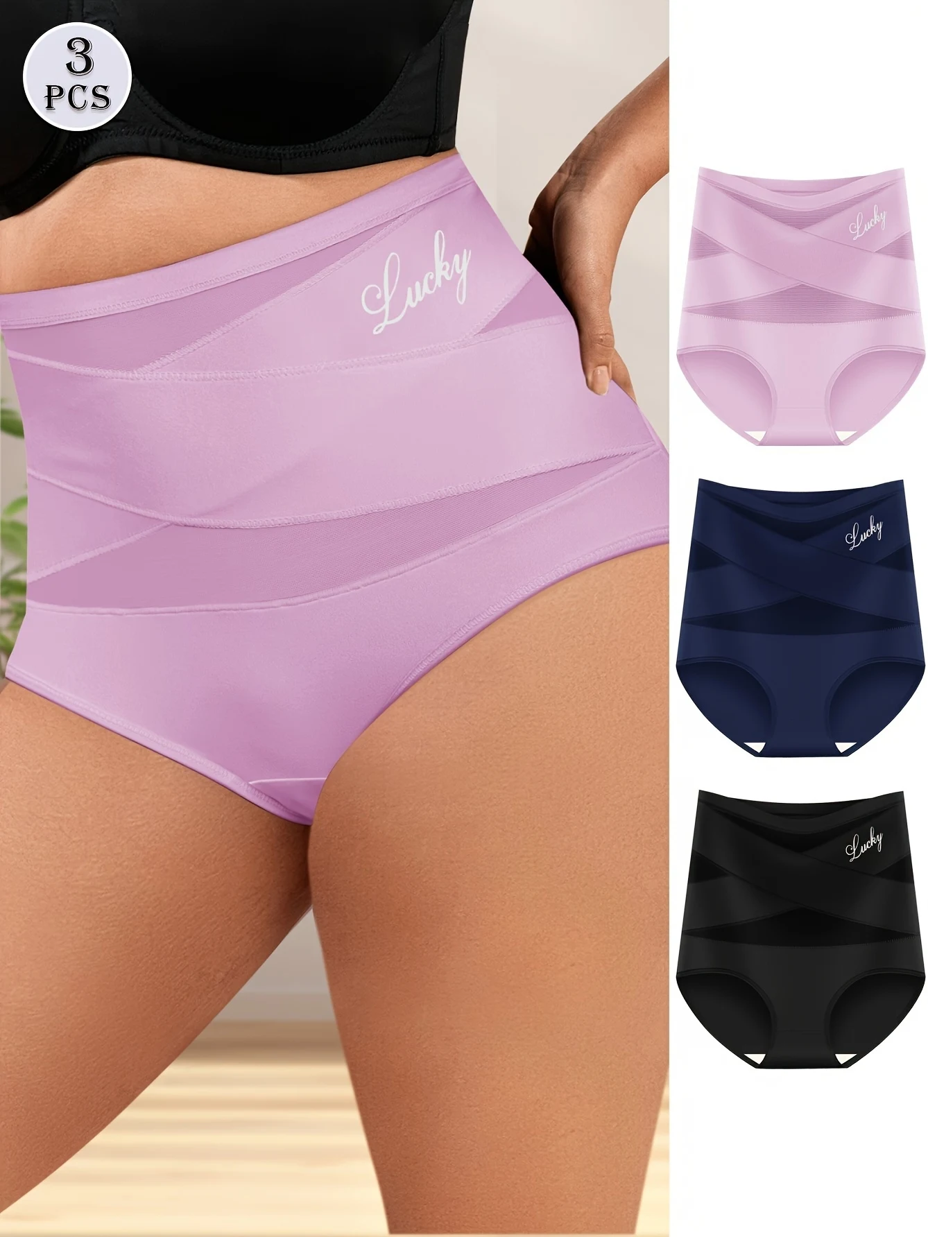 Plus-Size-Höschen mit hoher Taille und Bauchkontrolle – MIOTAN Elegantes, atmungsaktives Mesh 3er-Pack, Polyester- und Elastanstrick, einfarbig, Image