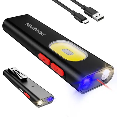 Rechargeable Flat EDC Flashlight, 1000 Lumens Pocket Flash Light,11 Light Modes – Two-way clamp Small LED Light with UV, Red Las