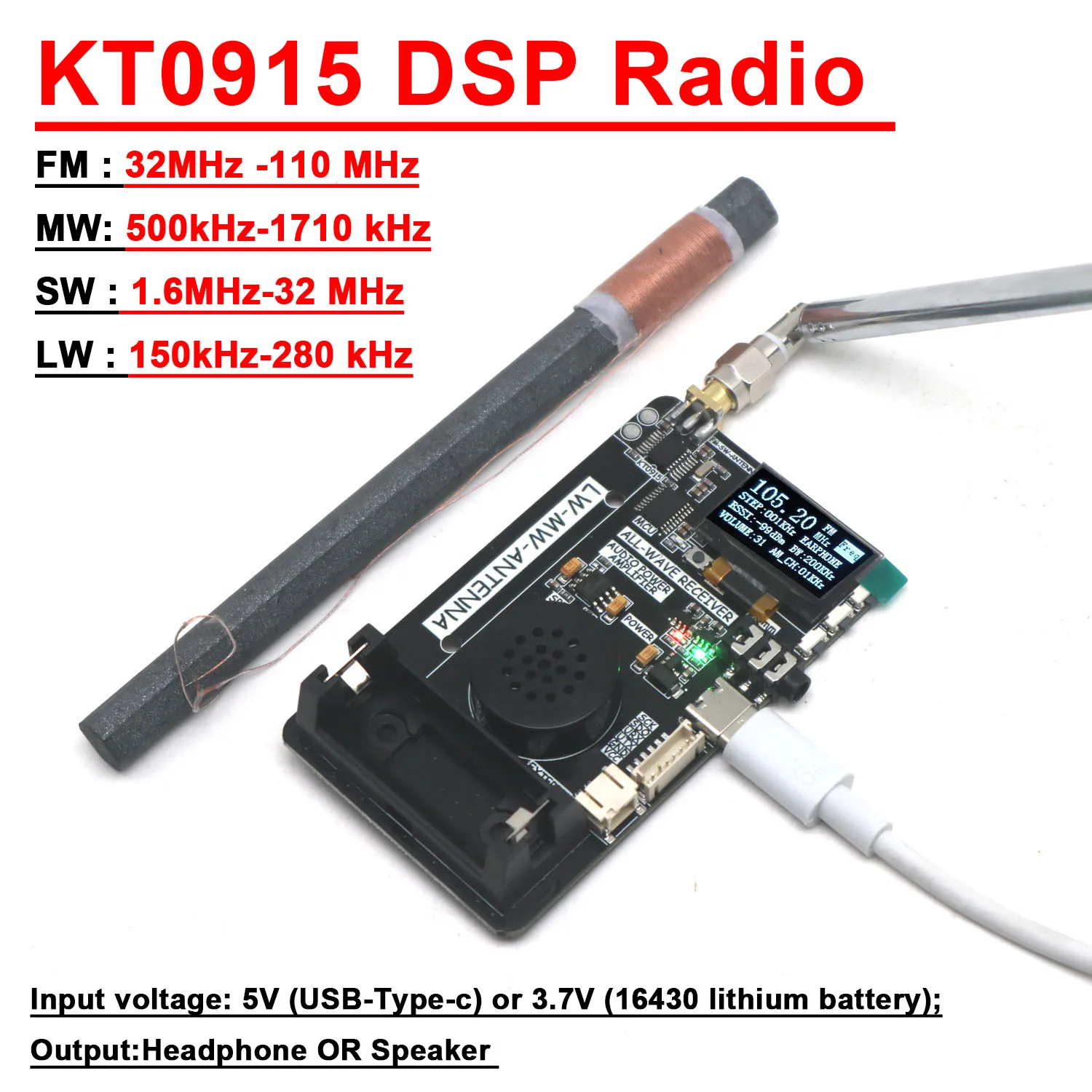 Allband-DSP-Funkempfänger FM AM LW MW SW Antenne Digitalanzeige Mittelwellen-Kurzwellen-Funktransceiver SDR FÜR Walkie-Talkie Image