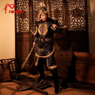 Schwarzer Vintage-Allgemeiner Kostümanzug für Männer, chinesische antike Rüstung, Kleidung, Khan-Helm, mongolischer Soldat, Cosplay Image