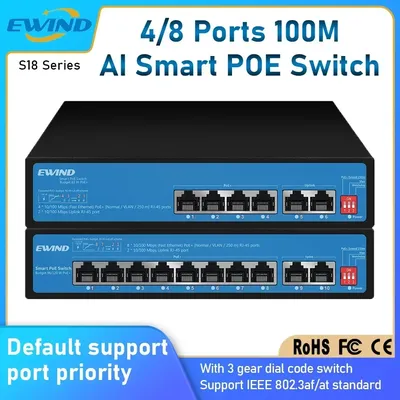 EWIND POE Switch 4/8 Ports 100M Ethernet Switch mit Uplink RJ45 Ports Netzwerk Switch für IP Kamera/Wireless AP AI Smart Switch