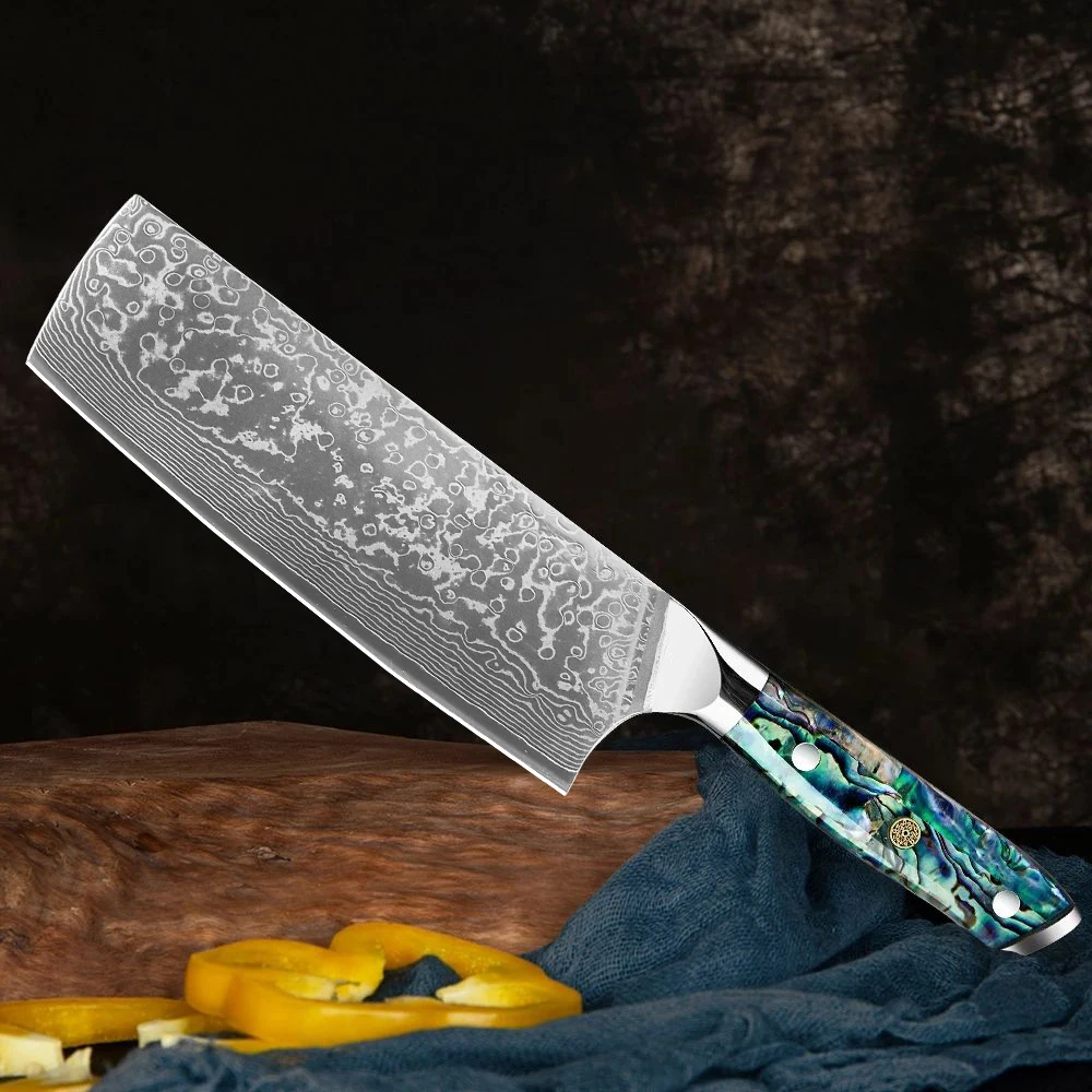 7 Zoll Damast stahl Santoku Messer Abalone Shell Griff scharfe Küche Kochmesser Image