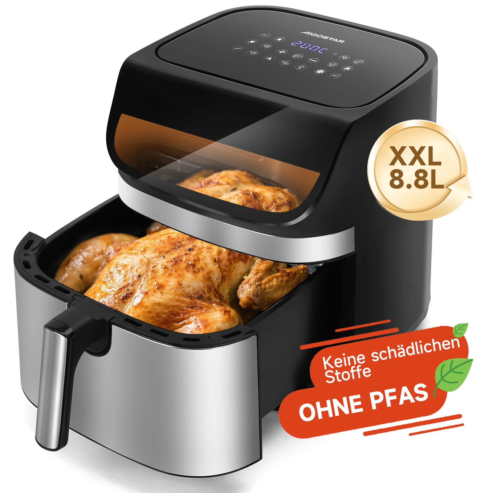 Aigostar Heißluftfritteuse XXL 8,8L, Dual Blaze, Airfryer 55% energiesparend mit 13 Programme, Metall-Innenraum, 100+ Online Rezept, LED Touchscreen & Sichtfenster, 2200W, Schwarz Image
