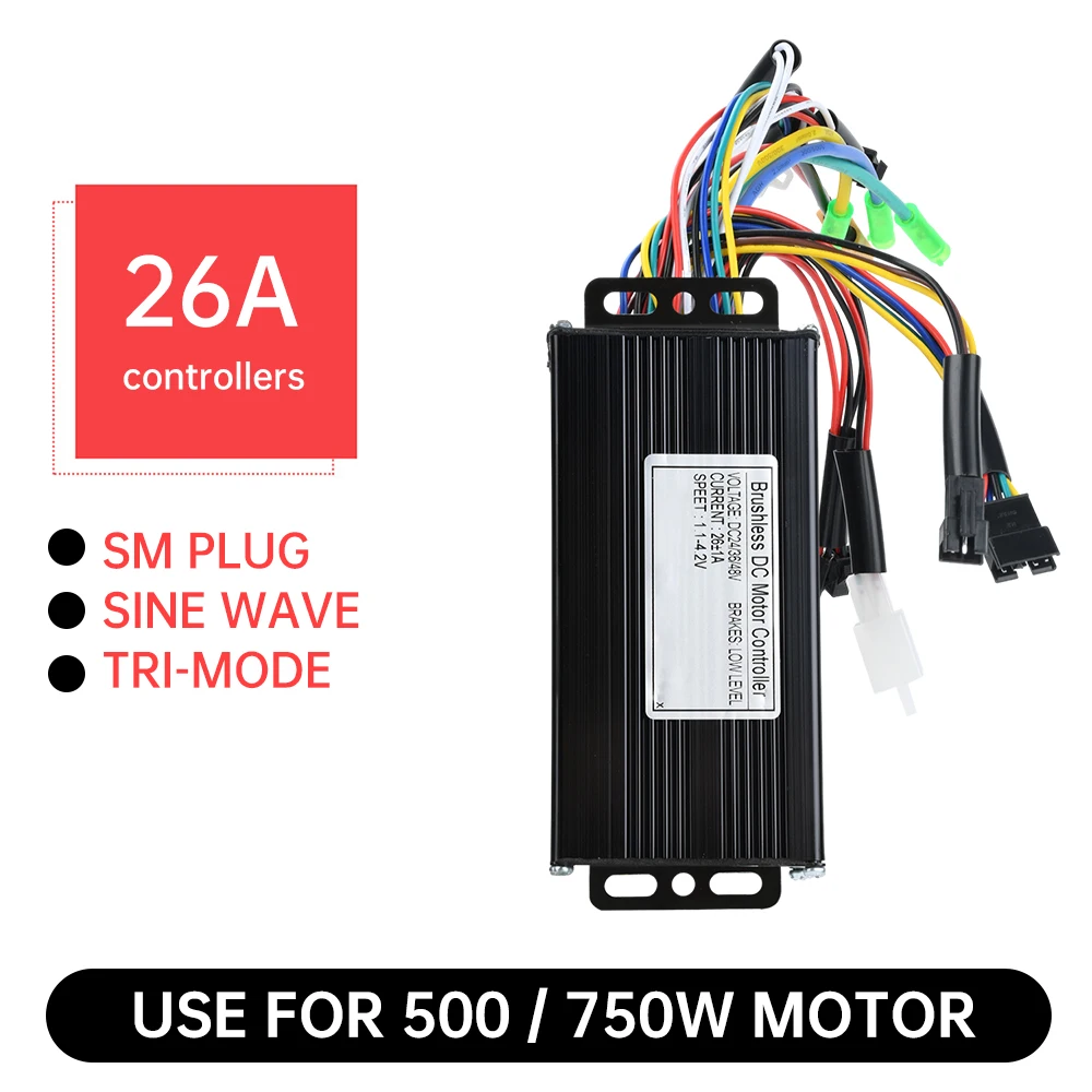 Sinuswelle 3-Modus-Bürstenloser Motorcontroller 500/750 W E-Motorrad-Controller für E-Bike E-Dreirad E-Scooter DC 24 V/36/48 V 26 A Image