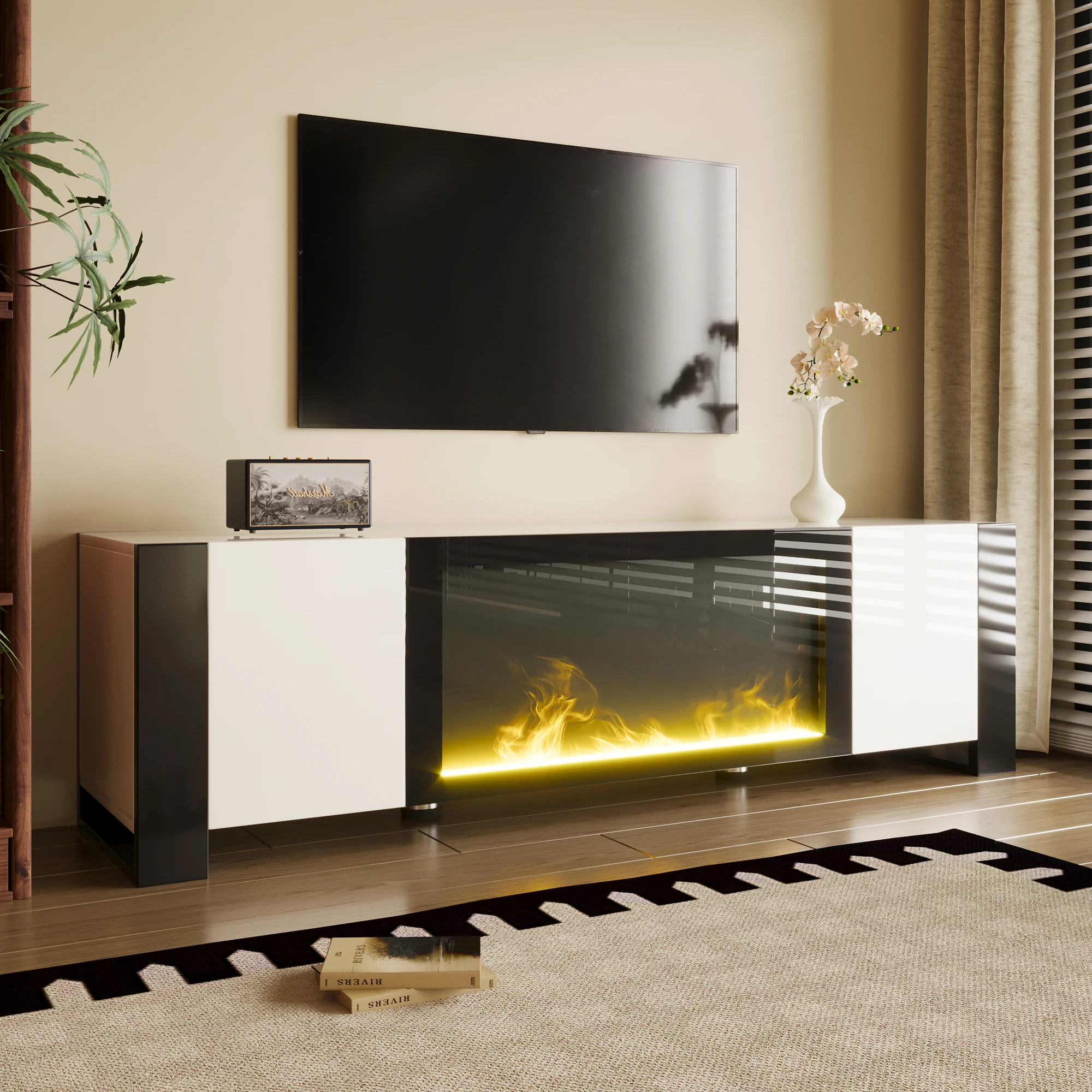 TV-Schrank, Lowboard mit elektrischem Kamin Flammeneffekt, farblich passender TV-Schrank，Hochglanz,keine Heizfunktion, schwarz&weiß