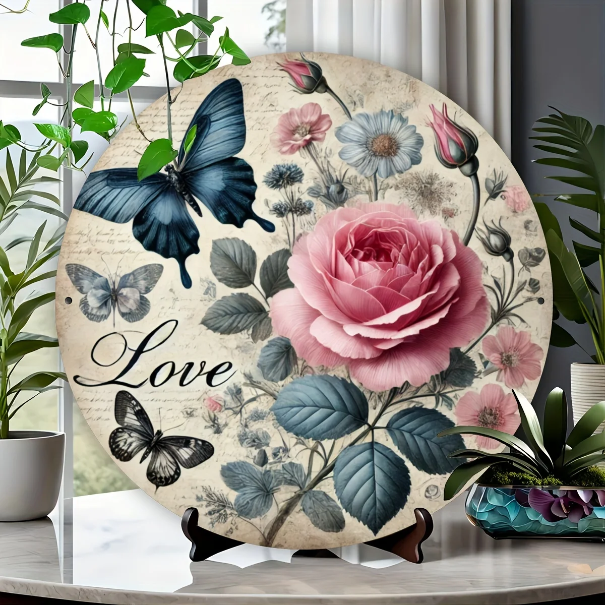 20,3 x 20,3 cm große runde Metallwandkunst mit Vintage-Schmetterling und Blumenmuster – Eisenschild für Heimdekoration, perfektes Muttertags- und Thanksgiving-Geschenk