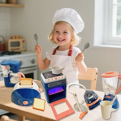Children's Pretend Play Small Appliances Kitchen Toys, Electric Vacuum Cleaner, Sweeper, Household Juicer, Coffee Machine, Oven with Light, Realistic Mini Home