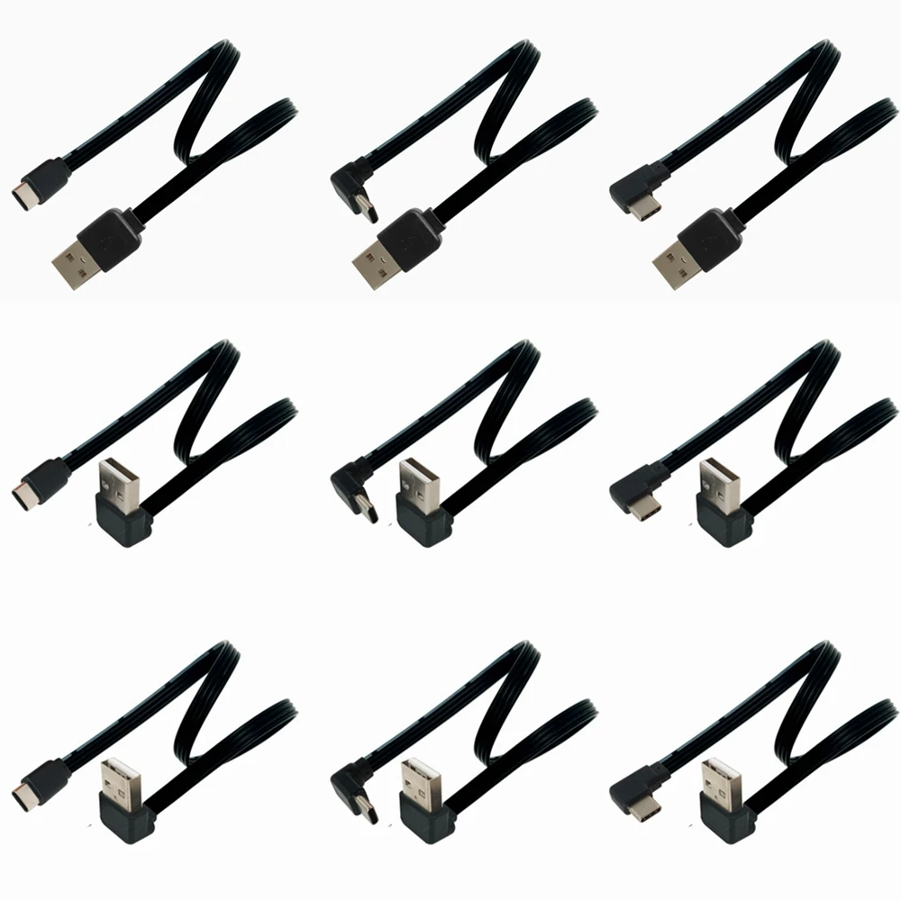 USB-C-Typ-C-Stecker, links und rechts, nach oben und unten abgewinkelt, 90 Grad auf USB 2.0-Stecker, Datenkabel, USB-Typ-C-Flachkabel, 0,1 m/0,2 m/0,5 m/1 m Image