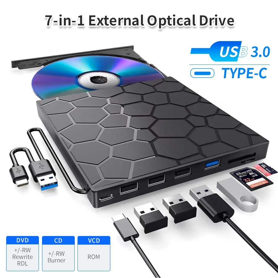 7-in-1 externes CD/DVD-Laufwerk USB 3.0 Typ-C Tragbarer CD/DVD-Brenner Externer DVD-Disk-Player für Laptops Desktop Windows Linux Image