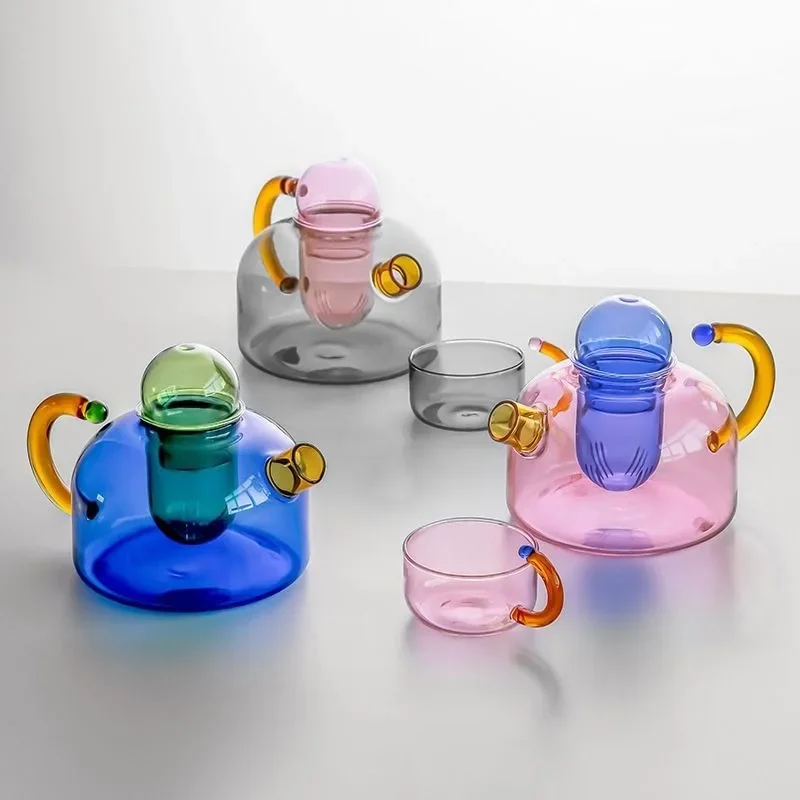 Handmade Color Blocking Glass Teapot Heat-resistant Glass Tea Separation Filter Small Bubble Teapot Household Color Teapot Set