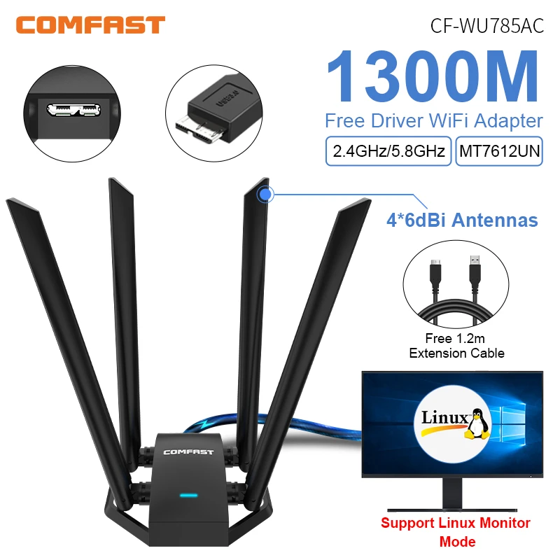 Comfast 1300 MBit/s Adaptador 2,4g & 5GHz USB-Netzwerk karte WLAN-Adapter High Gain 4 * 6dbi Antenne Desktop Linux Wi-Fi empfangen Image