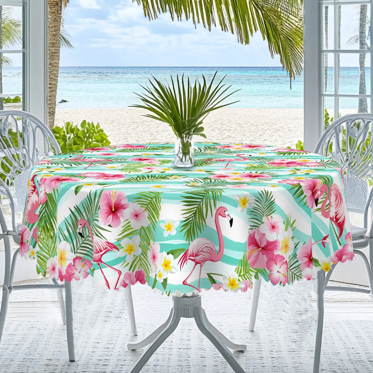 1-teilige runde und rechteckige Sommer-Strand-Tischdecke, erhältlich in verschiedenen Größen, rosa Flamingo-Muster-Druckdesign, Frühling, geeignet für die Küche zu Hause, Innen- und Außenbereich, Image