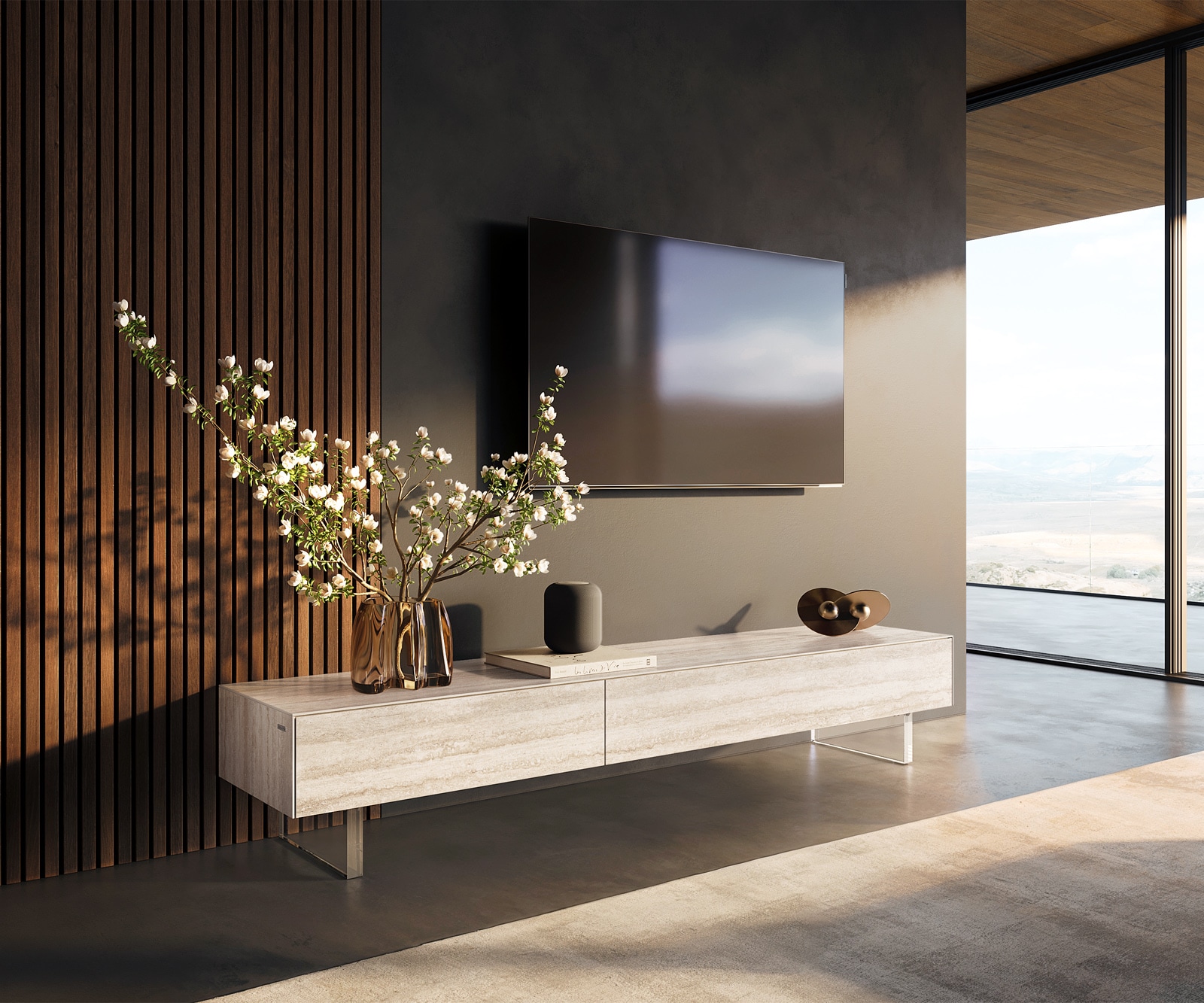 DELIFE Lowboard Cuor 200 cm Keramik Laminam® Travertino Bianco Creme-Weiß 1 Klappe 1 Schubfach Fuß Schwebeoptik Acrylglas, Lowboards Image