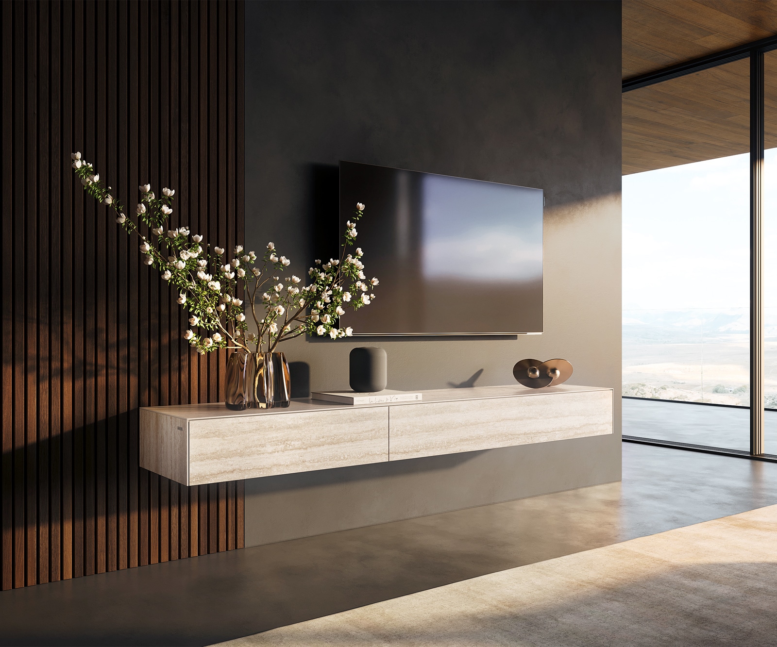 DELIFE Lowboard Cuor 200 cm Keramik Laminam® Travertino Bianco Creme-Weiß 1 Klappe 1 Schubfach Schwebend, Lowboards Image