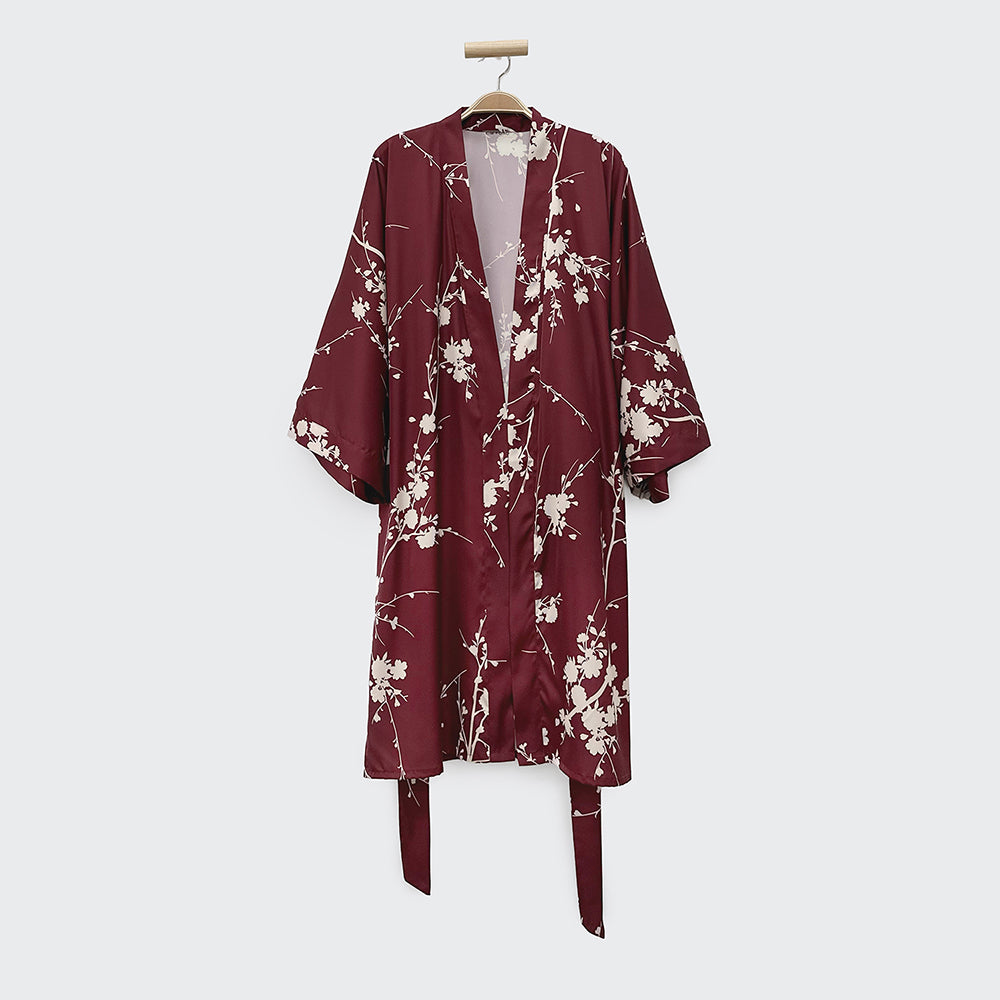 KIM+ONO Kimono Robe | Emi Short Kimono Robe | Polyester Charmeuse | Bordeaux | Short