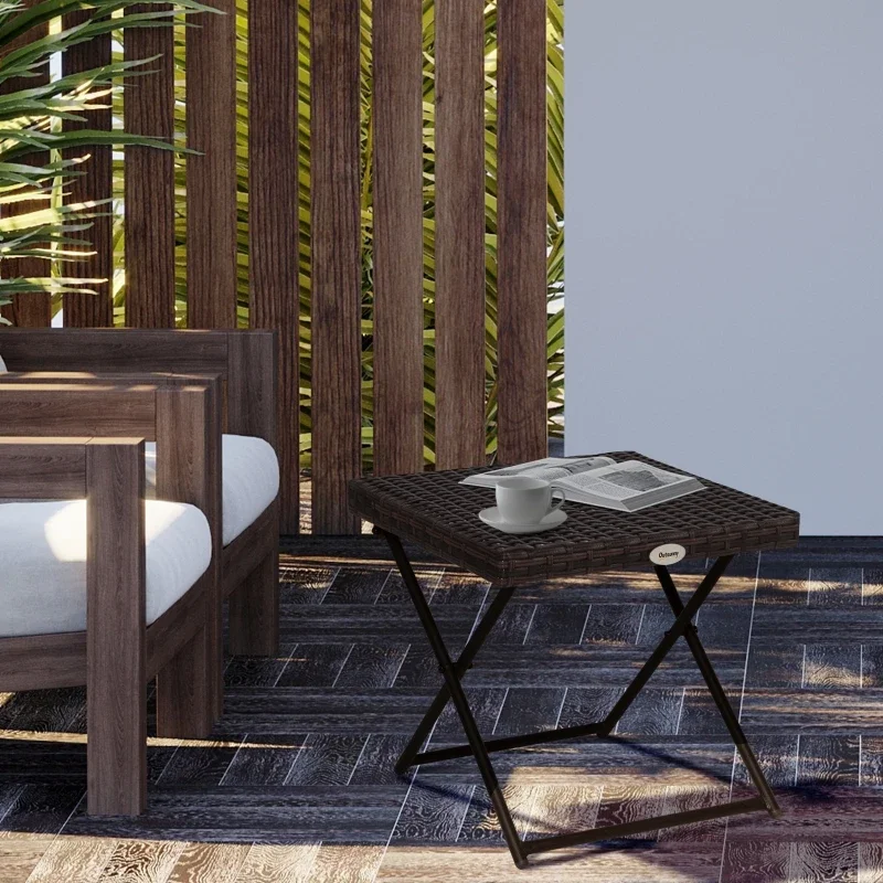Table d'appoint de jardin, support à fleurs pliable 40x40x40 cm, poly rotin métal marron, adapté aux meubles de jardin et au Patio