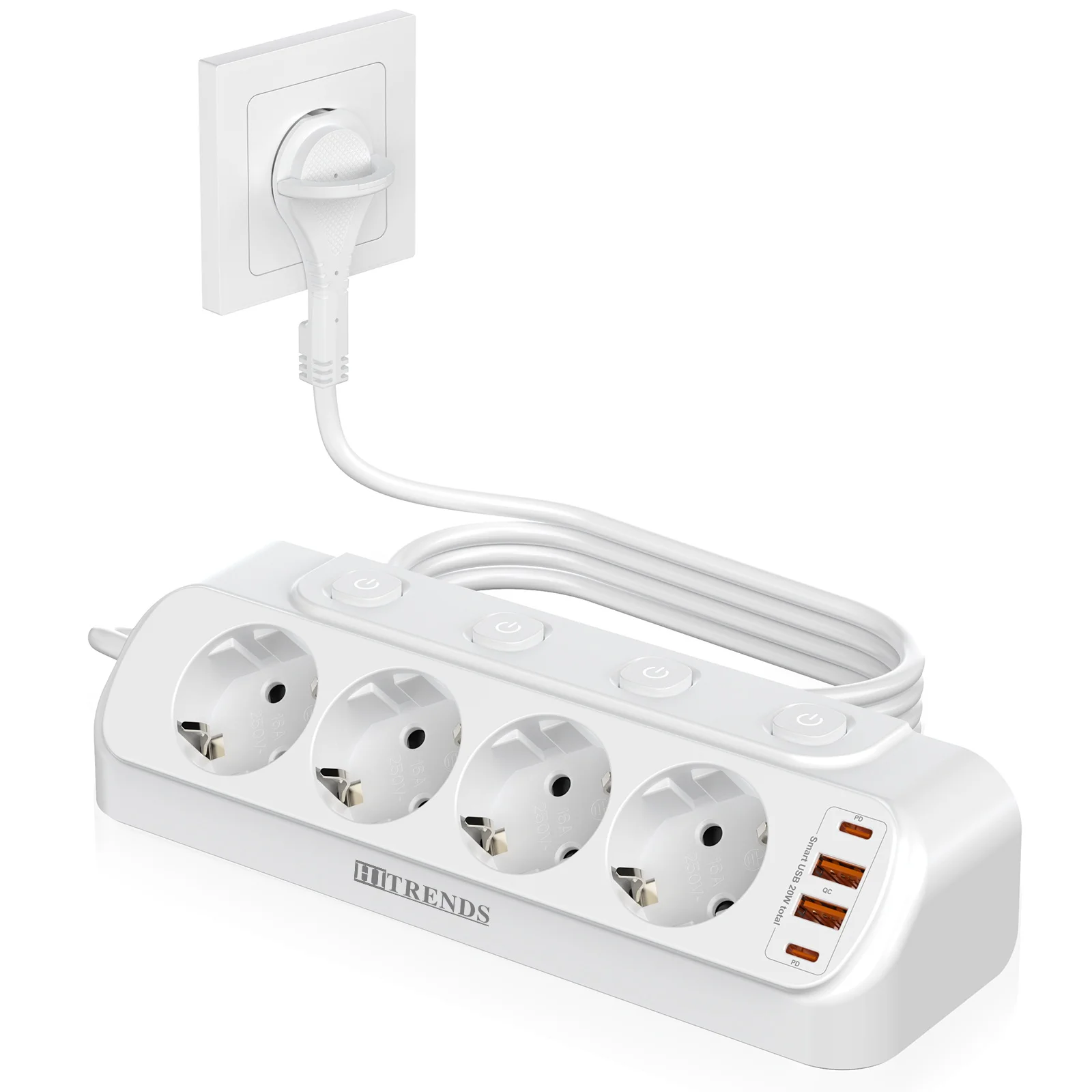 Desktop-Steckdose mit USB C 20 W, 4 Winkelsteckdosen, Flachsteckdose, 8-in-1-Steckdose mit 4 USB-Steckdosen, 4 Schalter