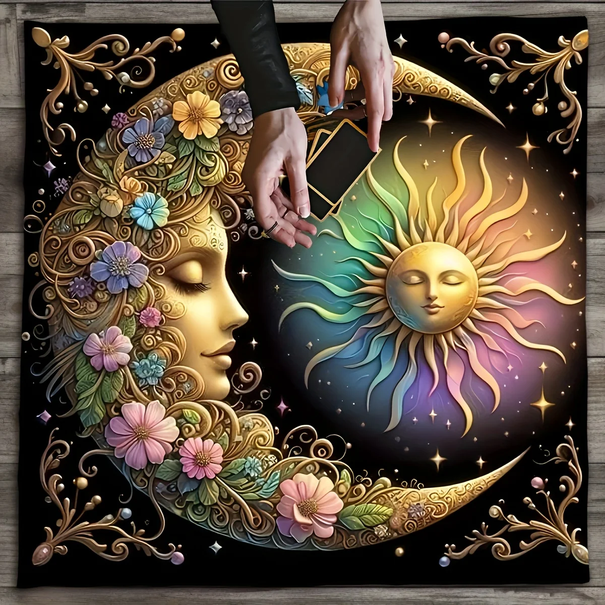 VIKAMA Tarot-Karten-Tischdecke, Sonne, Mond, Altartuch, Wahrsagerei, Meditation, Tarot-Kartenmatte, spirituelle Oracle-Kartenmatte Image