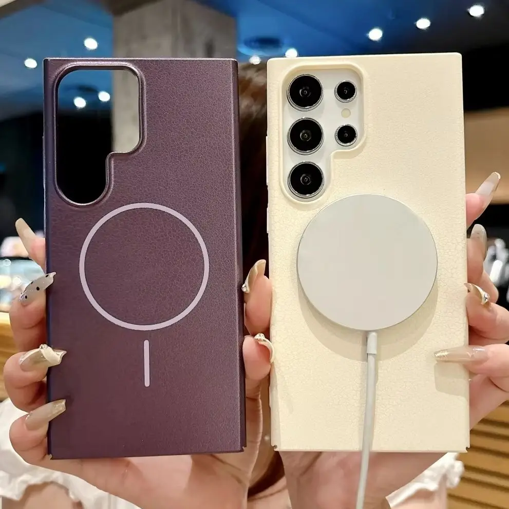 Leder Textur PC Für Magsafe Magnetische Telefon Fall Für Samsung S25 S24 S23 Ultra A16 A06 A55 A35 A25 a15 A54 Einfarbig Abdeckung Image
