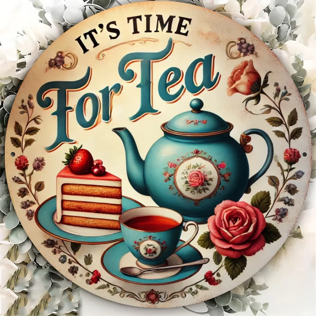 1 rundes Vintage-Metallschild „It'S Time for Tea“ – antike Teemarke aus Eisen mit graviertem Teekannen- und Dessertdesign Image