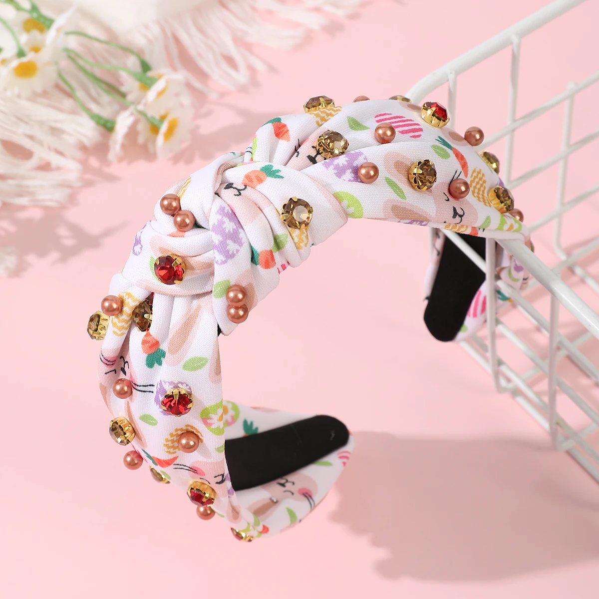 Geknotete Blumen-Haarreifen für Damen, Perlen-Diamant-Stirnband, modische Haar-Accessoires, Lünette, Haarband, koreanische Stirnbänder Image