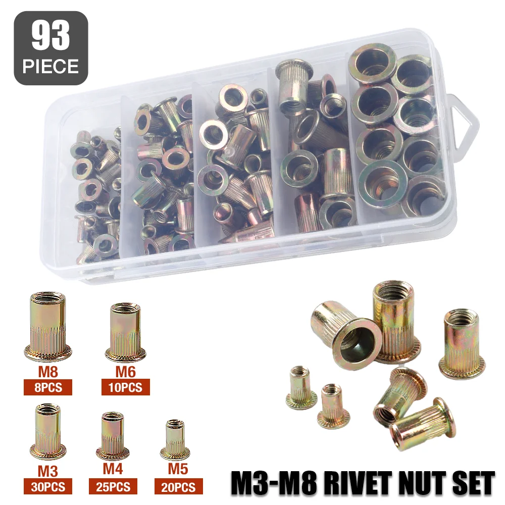 93-teiliger Nietmutternsatz, M3 M4 M5 M6 M8 Flachkopf-Nietmutter, Kohlenstoffstahlmaterial, Nietmutterkappe mit Gewindeeinsatz, muss mit einer Nietmutternpistole verwendet werden Image
