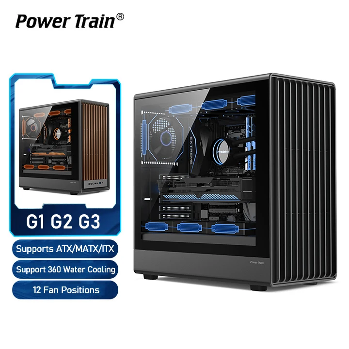 Power Train G1 G2 G3 PC-Gehäuse ATX ITX M-ATX Seite transparentes 360-wassergekühltes Desktop-Computergehäuse Image