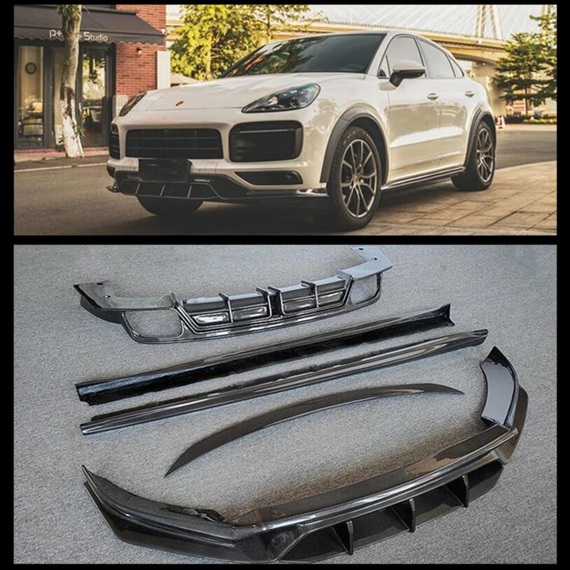Per Porsche Cayenne Coupe Trubo 2018-2023 Reale In Fibra di Carbonio Labbro Anteriore Diffusore Posteriore Paraurti Spoiler Gonna Laterale Body Kit Splitter