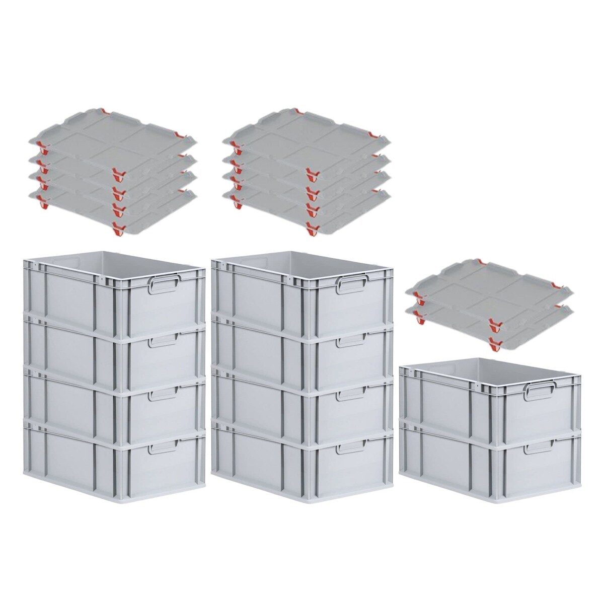 PROREGAL SparSet 10x Eurobox NextGen Economy mit Auflagedeckel & 4x Verschlüsse Rot, Griffe zu, HxBxT 22x40x60cm, 44L, Eurobehälter, Box Image