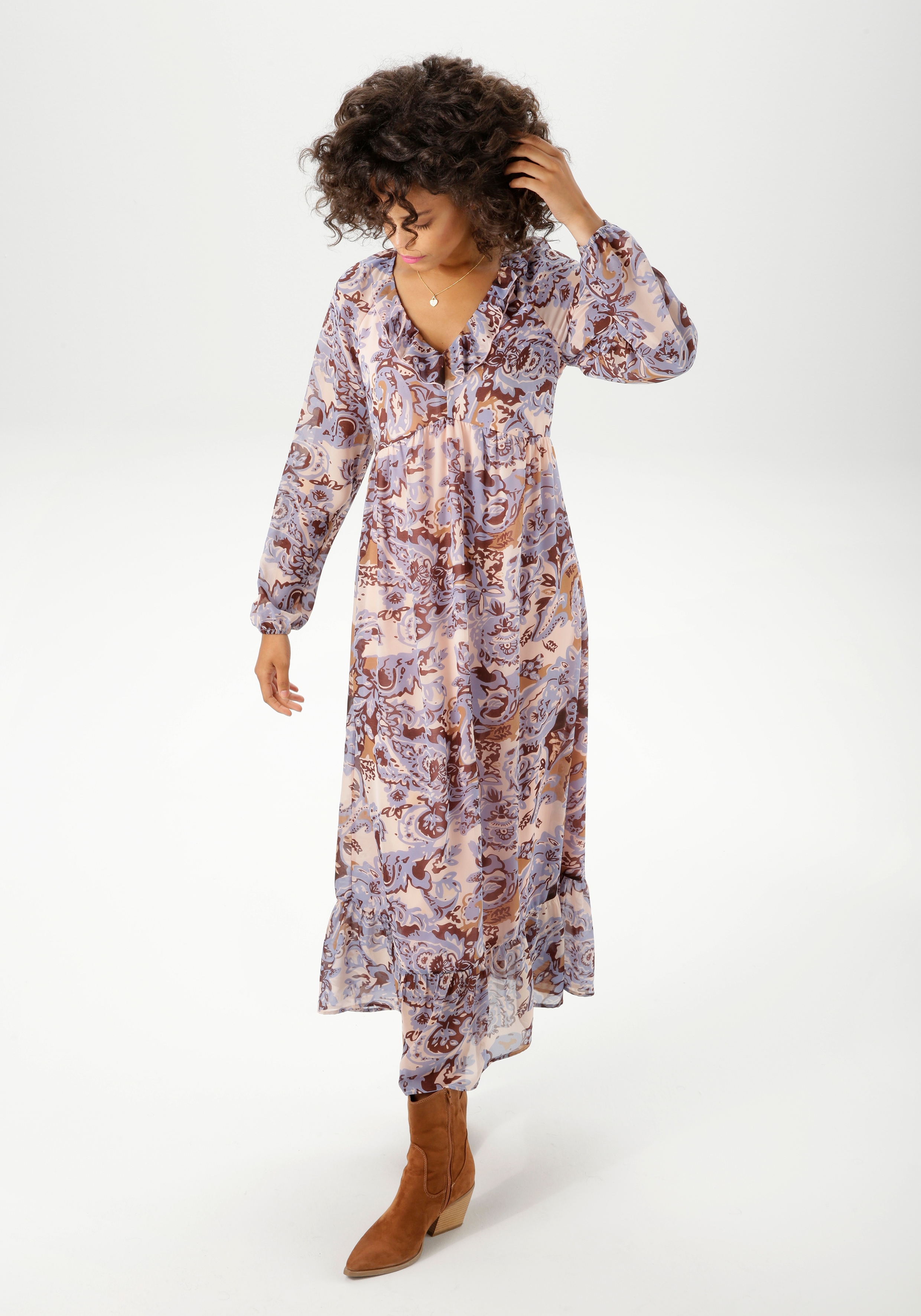 Maxikleid ANISTON CASUAL, Damen, Gr. 36, N-Gr, braun (altrosa, rauhblau, hellbraun, dunkelbraun), Georgette, Obermaterial: 100% Polyester. Futter: 100% Polyester, bedruckt, gemustert, Feminin, figurumspielend knöchelfrei, V-Ausschnitt, elastischer... Image