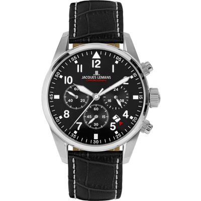 Chronograph JACQUES LEMANS "Barcelona", schwarz (schwarz, silberfarben), Armbanduhren, Herren, Quarzuhr, Armbanduhr, Herrenuhr, Edelstahlarmband, Stoppfunktion, Tag Image