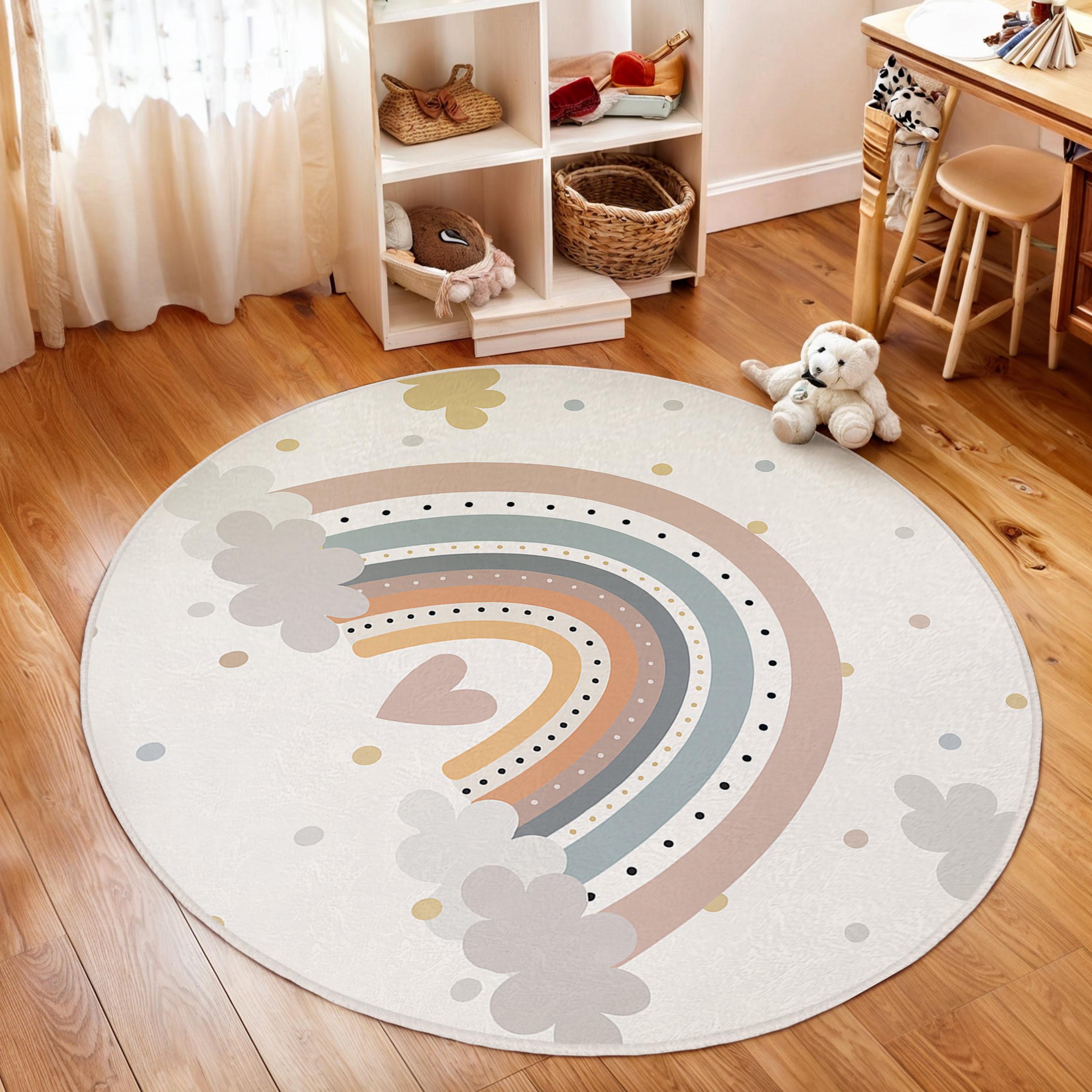 Regenbogen Pastell Kinderzimmer Rund Teppich-Verspielte gewölbte Muster Kreis Teppich-Wilde Kinderzimmer Dekor Runde Teppich-Wolken-Thema Kinderzimmer