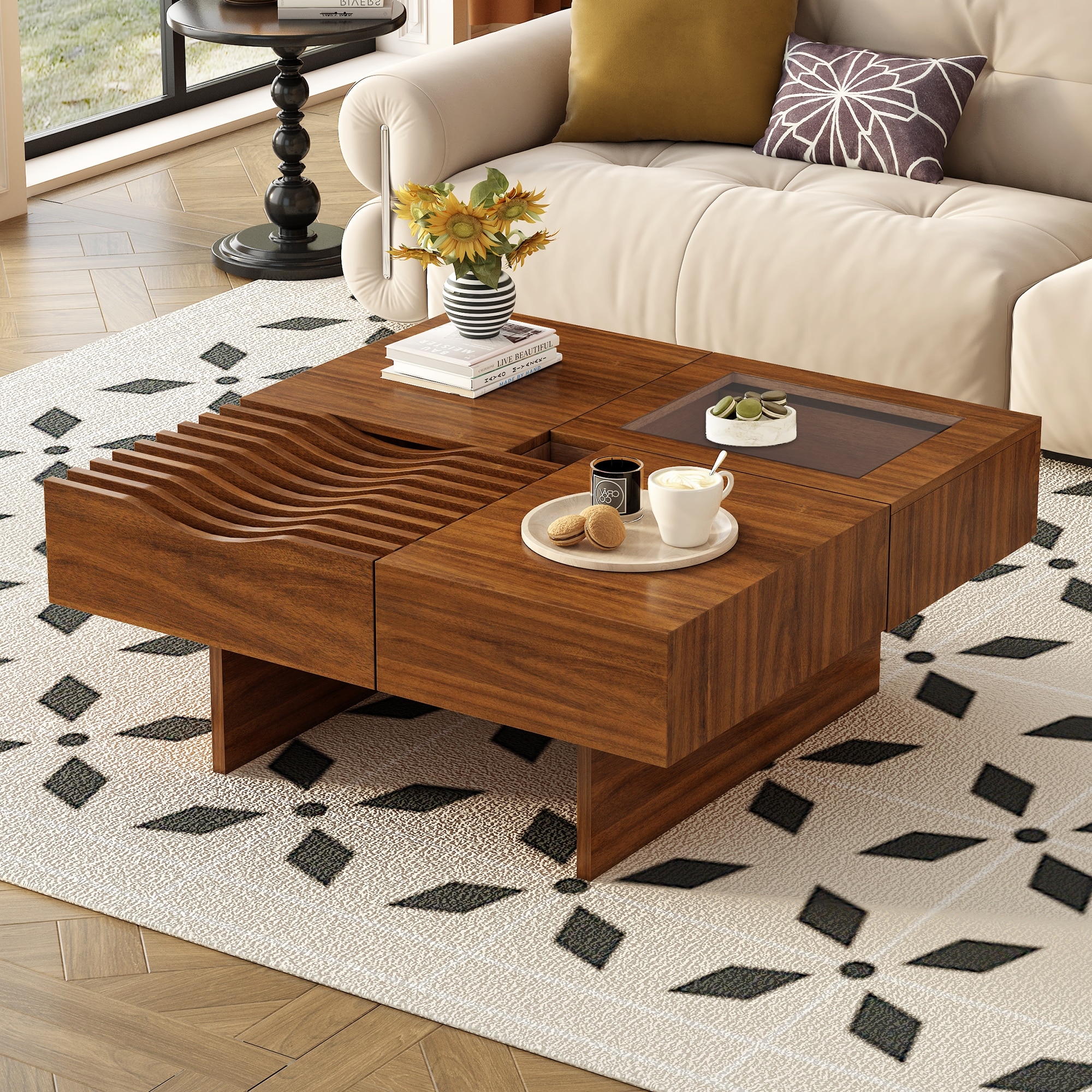 Extendable Wooden Coffee Table, Multifunctional Square Center Table, Cocktail Table with 3 Drawers & Tempered Glass