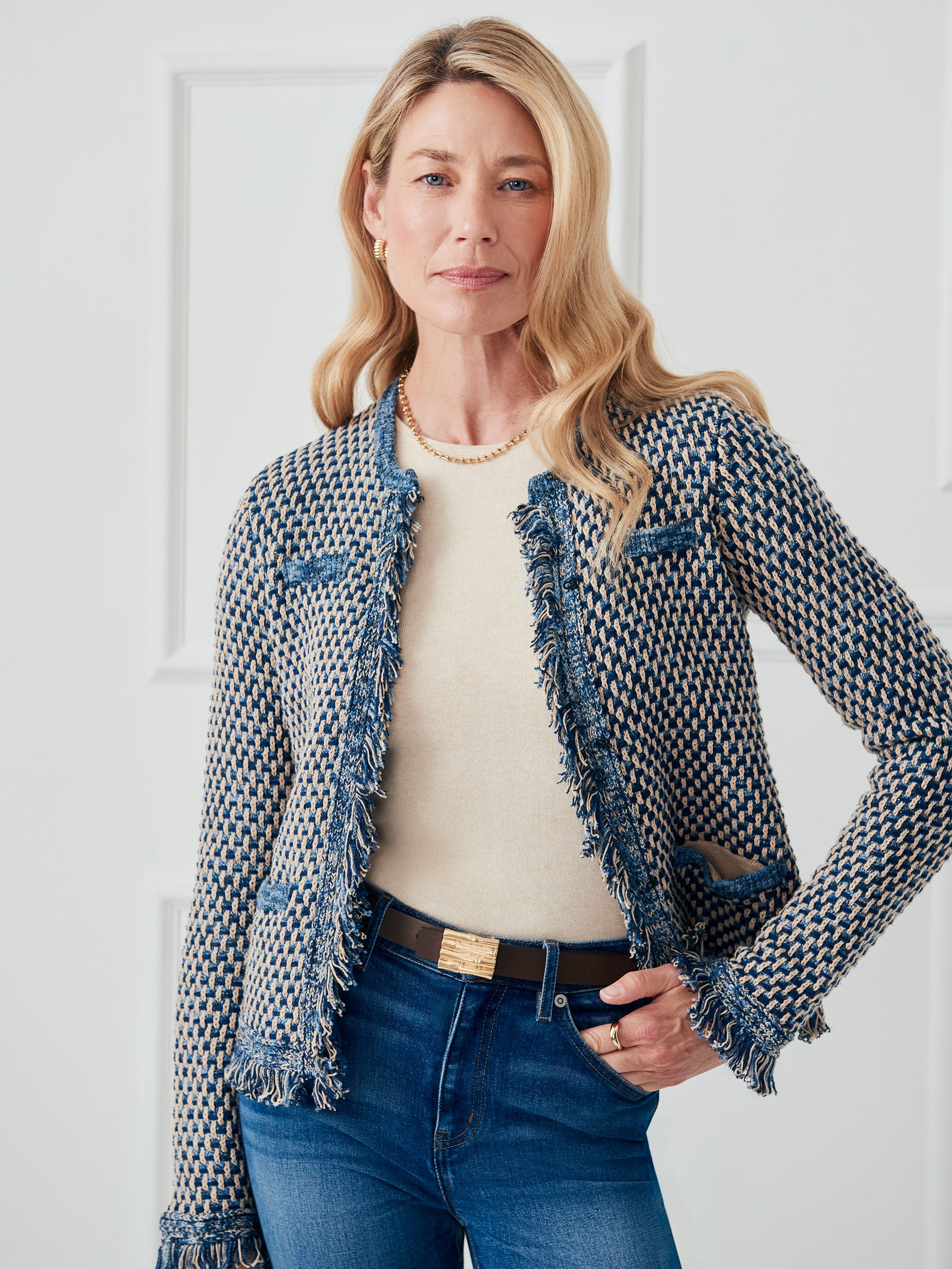 J.McLaughlin Women's Marceline Cardigan Denim/Tan, Size XL | Cotton/Denim/Polyamide