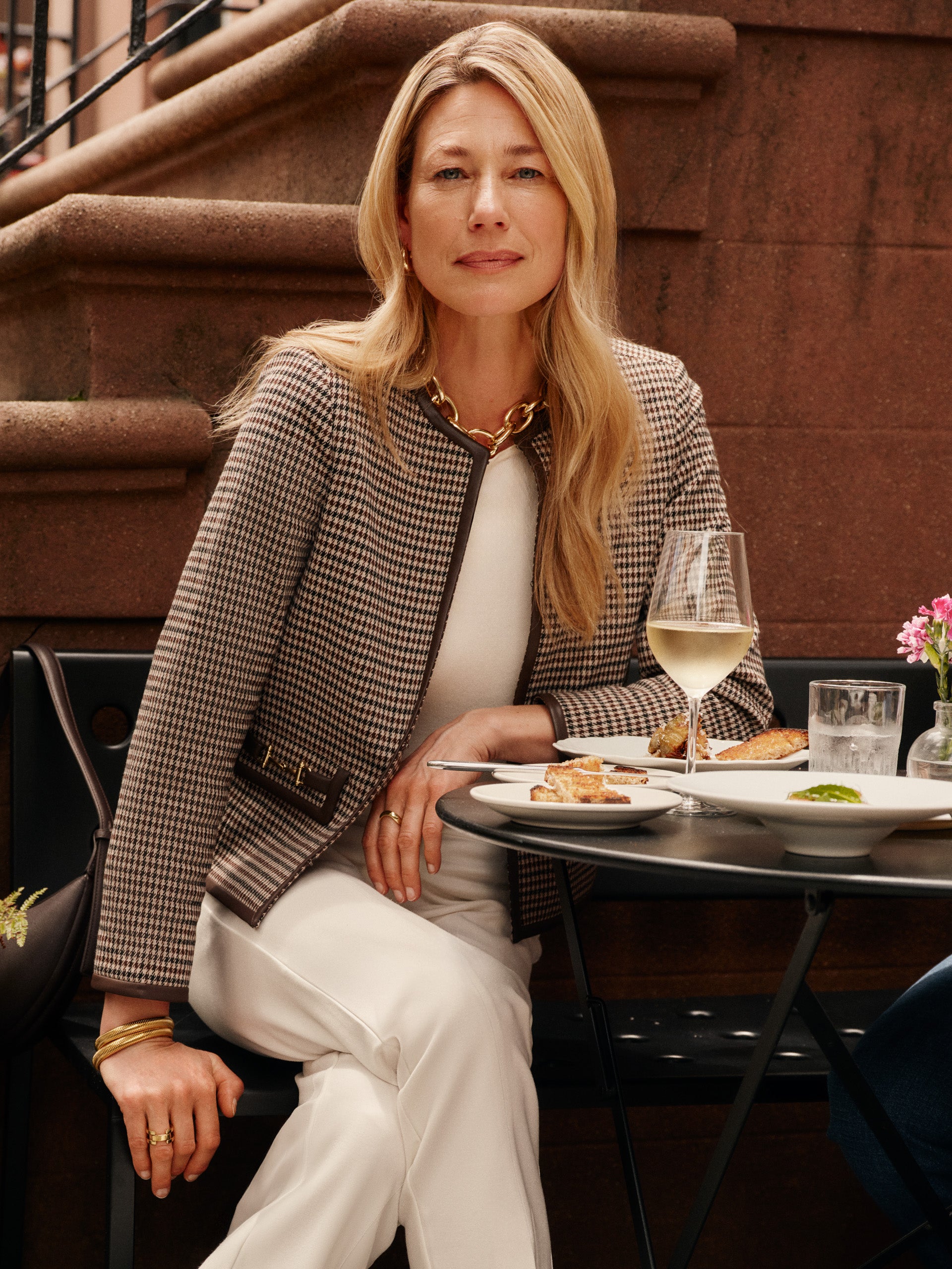 J.McLaughlin Women's Cyna Jacket in Houndstooth Jacquard Cream/Brown/Black, Size Medium | Nylon/Spandex/Leather