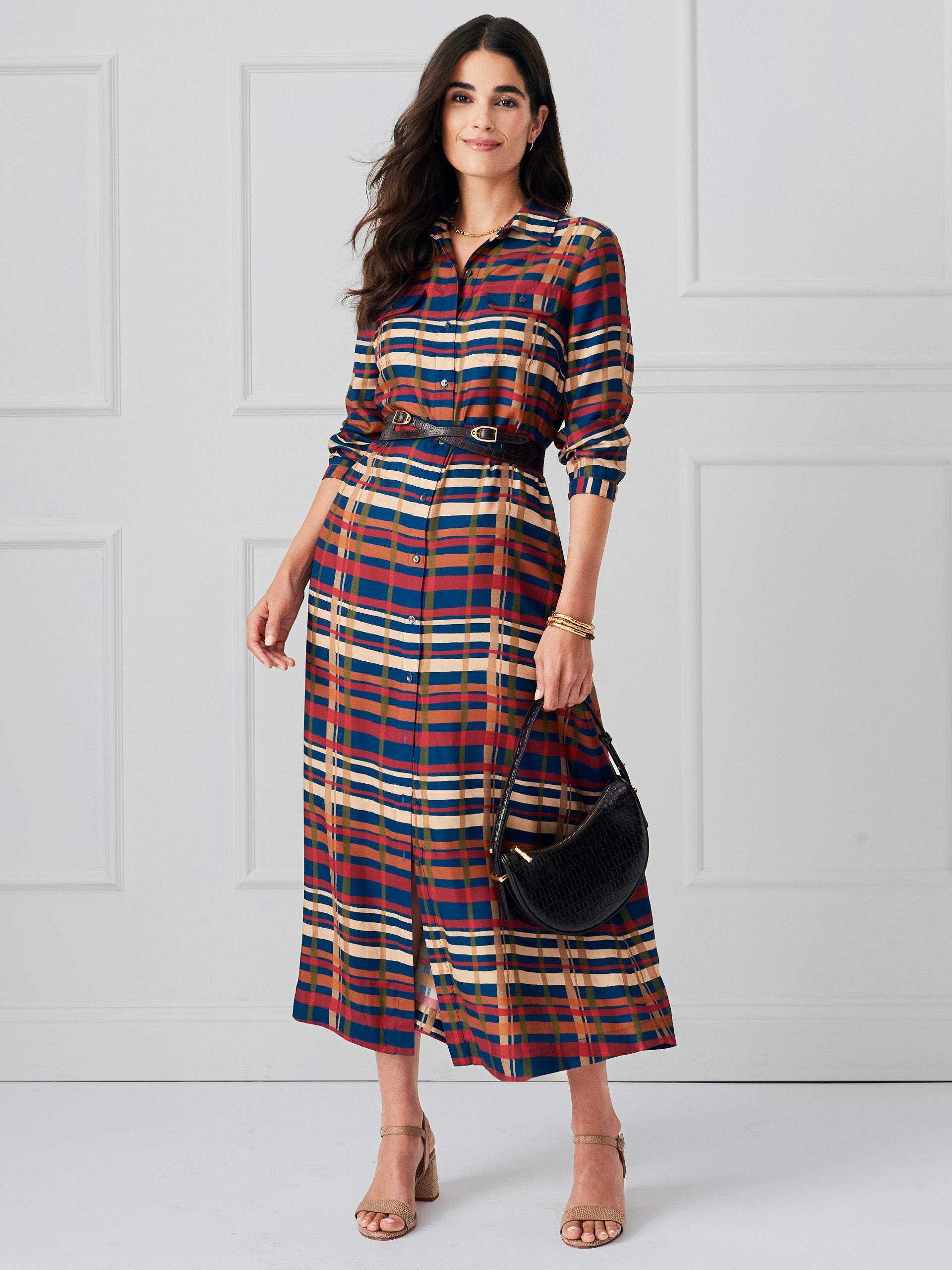 J.McLaughlin Women's Freda Dress in Plaid Flourish Navy, Size Large | Silk