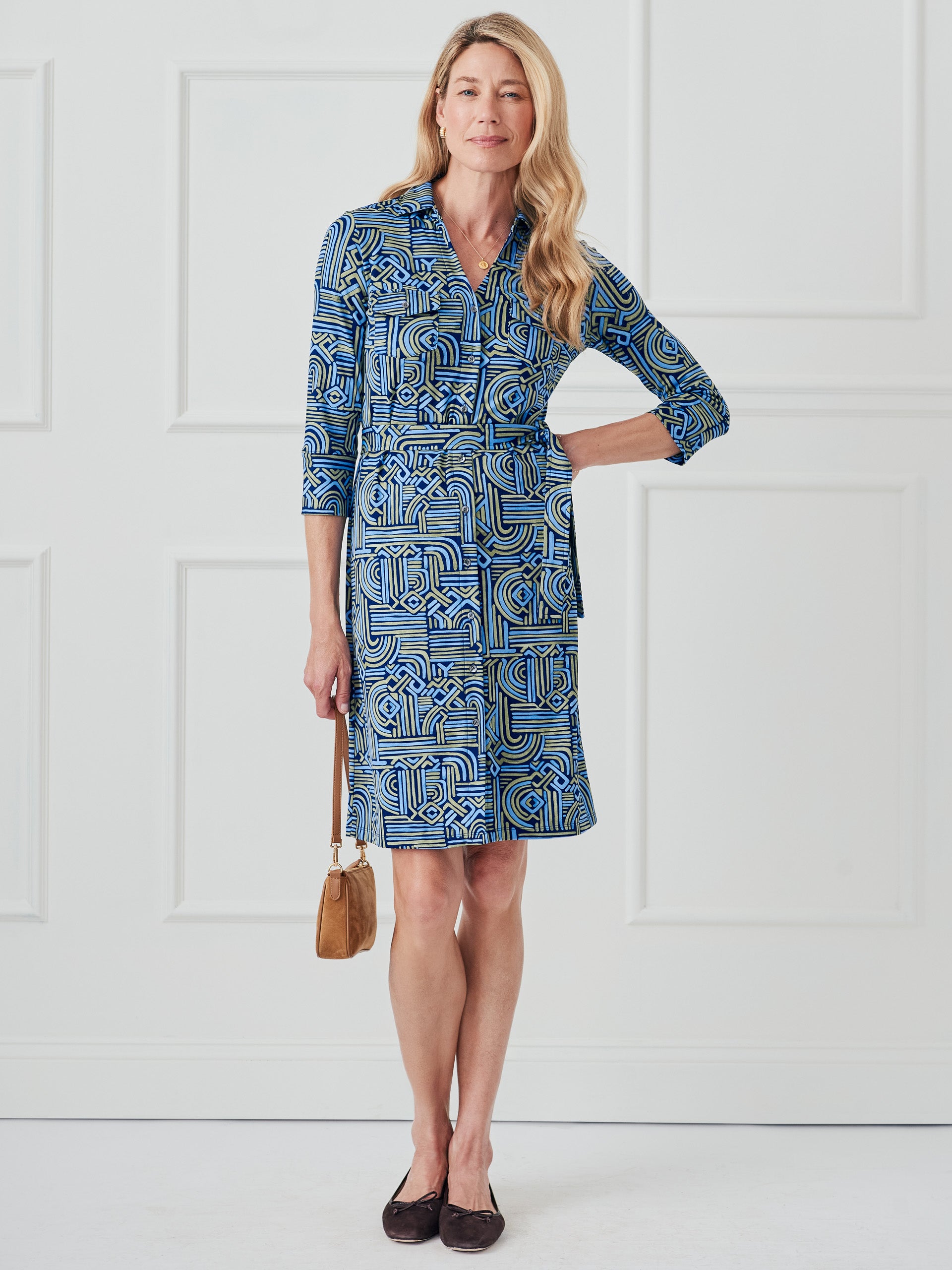 J.McLaughlin Women's Brynn Dress in Geo Maze Navy/Blue/Olive, Size Large | Spandex