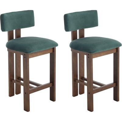 Barhocker 2er Set in Samt weich gepolstert Retro rustikale Theke Stühle mit Holzrahmen für Home Bar Image