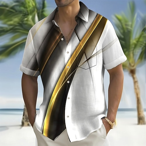 Herren Geometrisch Farbverlauf Wellen Hemd Sommerhemd Knopfhemd Kurzarm Modisch lässig Outdoor Urlaub Alltagskleidung Sommer Frühling Umlegekragen 3D-Druck Hemden mit Kragen Eine Tasche vorne Weiß 1 Image