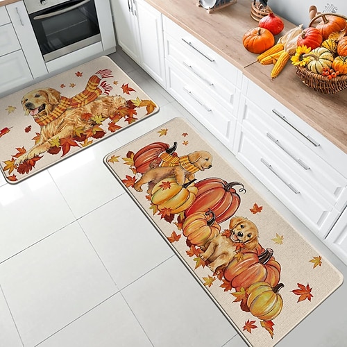 Herbstliches Kürbis-Leinenmatten-Set - saugfähige, ölbeständige Küchen- und Eingangstürmatten, 2-teiliges Set für Thanksgiving Image