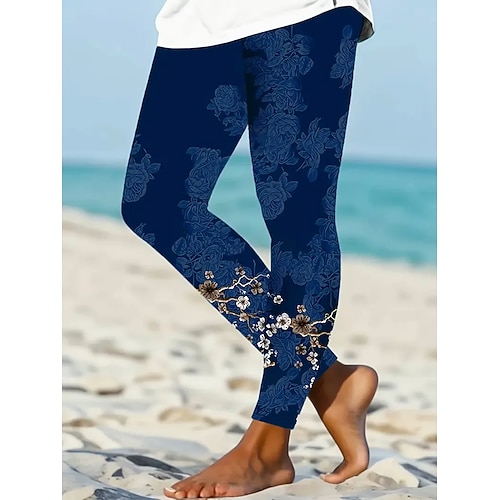 Damen Leggings Urlaub Vintage Mode Knöchellang Hohe Taille Blumen Grafik Paisley-Muster Drucken Weich Atmungsaktiv Hohe Elastizität Täglich Outdoor Marineblau Hellblau Frühling Herbst Winter Schmale Image