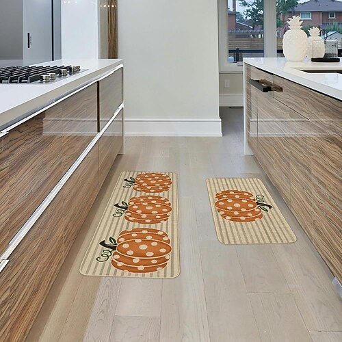 Herbstliches Kürbis-Leinenmatten-Set - saugfähige, ölbeständige Küchen- und Eingangstürmatten, 2-teiliges Set für Thanksgiving Image